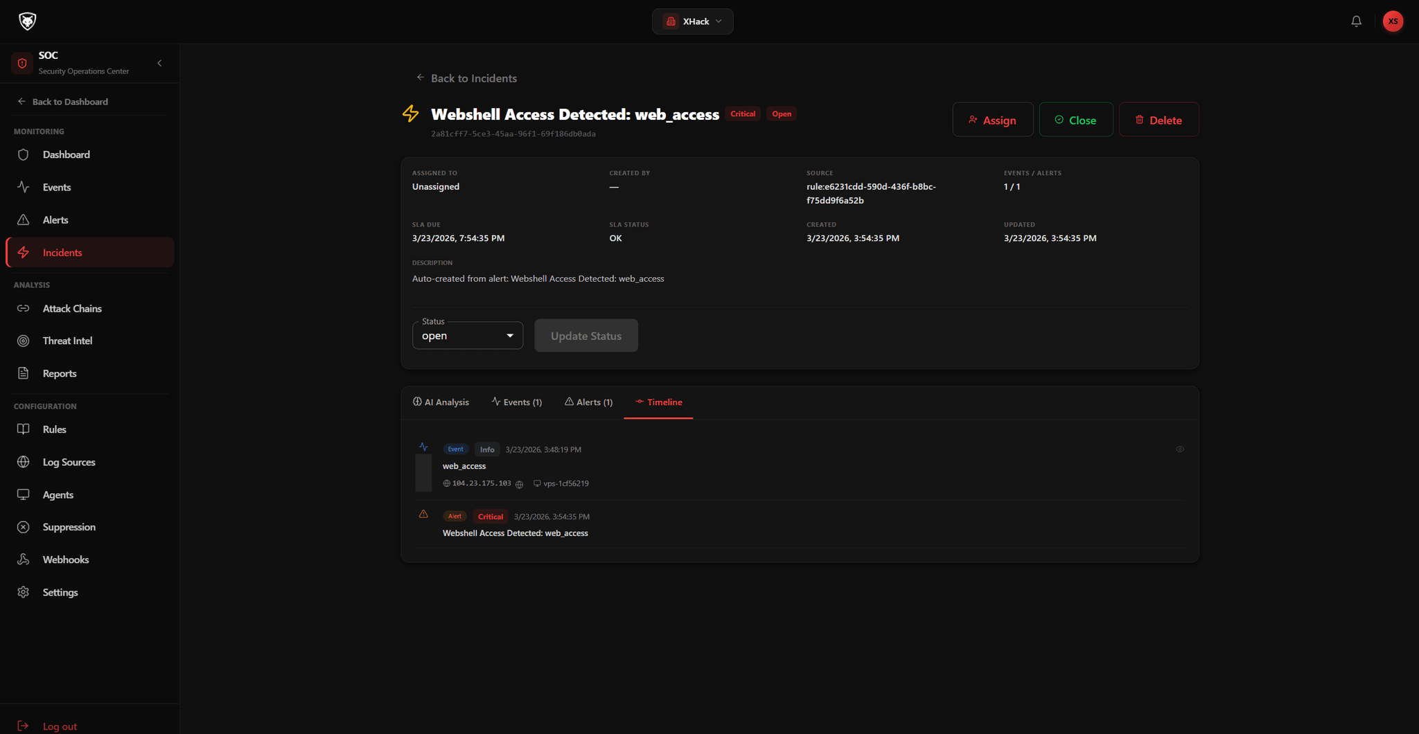SOC Dashboard incident detail