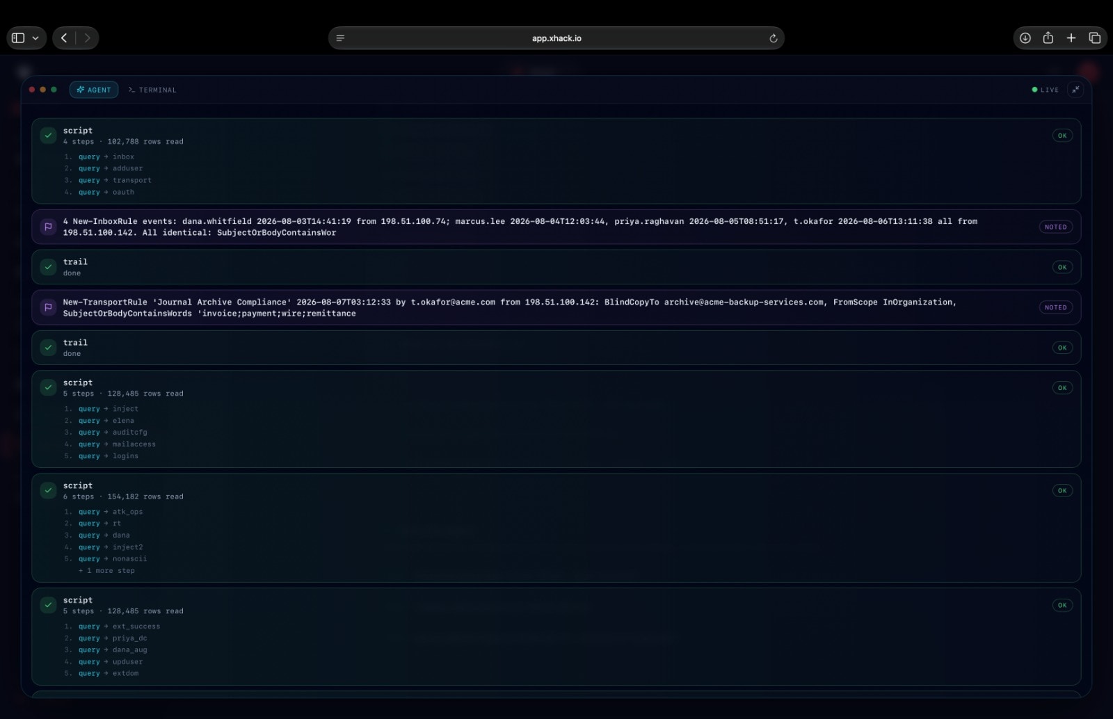 Agent view of a live investigation: scripts with rows read, and notes recording new inbox rules and a transport rule
