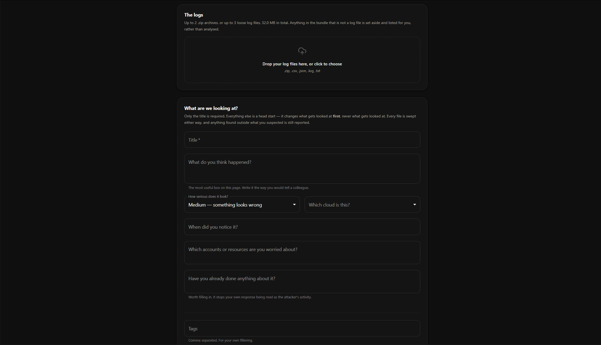 Starting a new investigation: upload the logs, then describe what you think happened