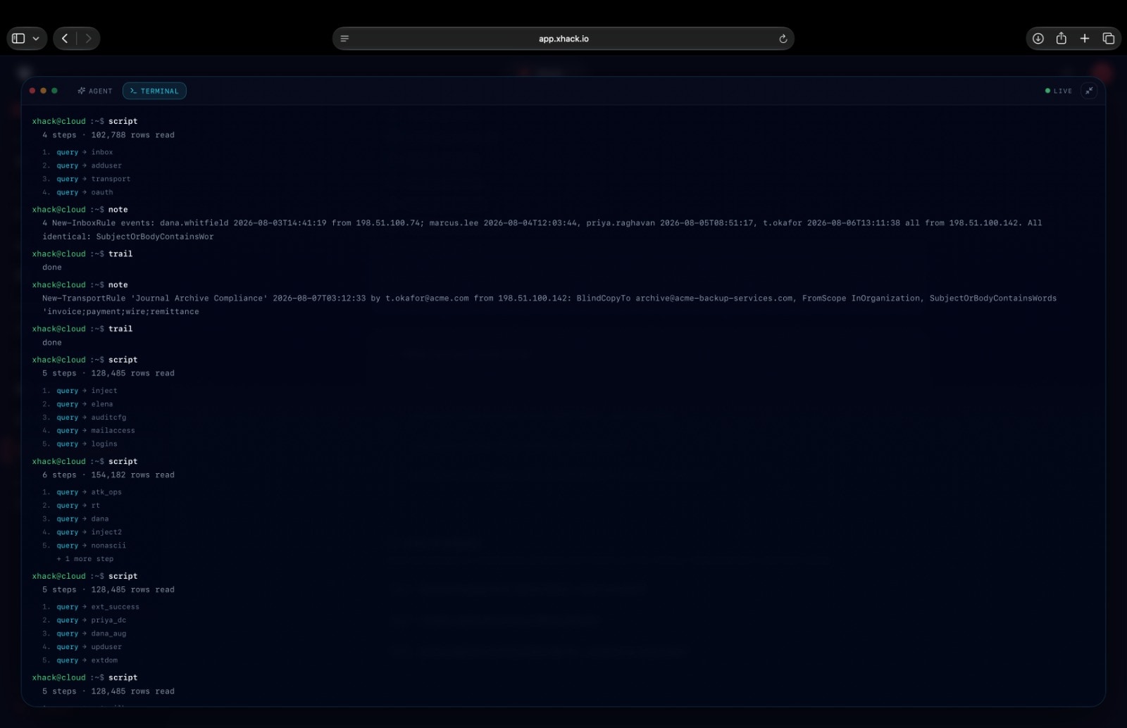 Terminal view of the same investigation, listing each script, its queries and the notes recorded