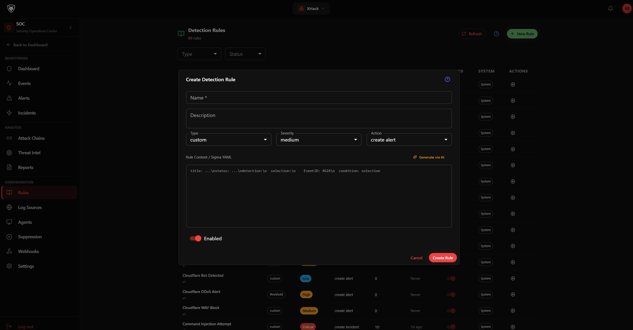 SOC Dashboard detection rules engine