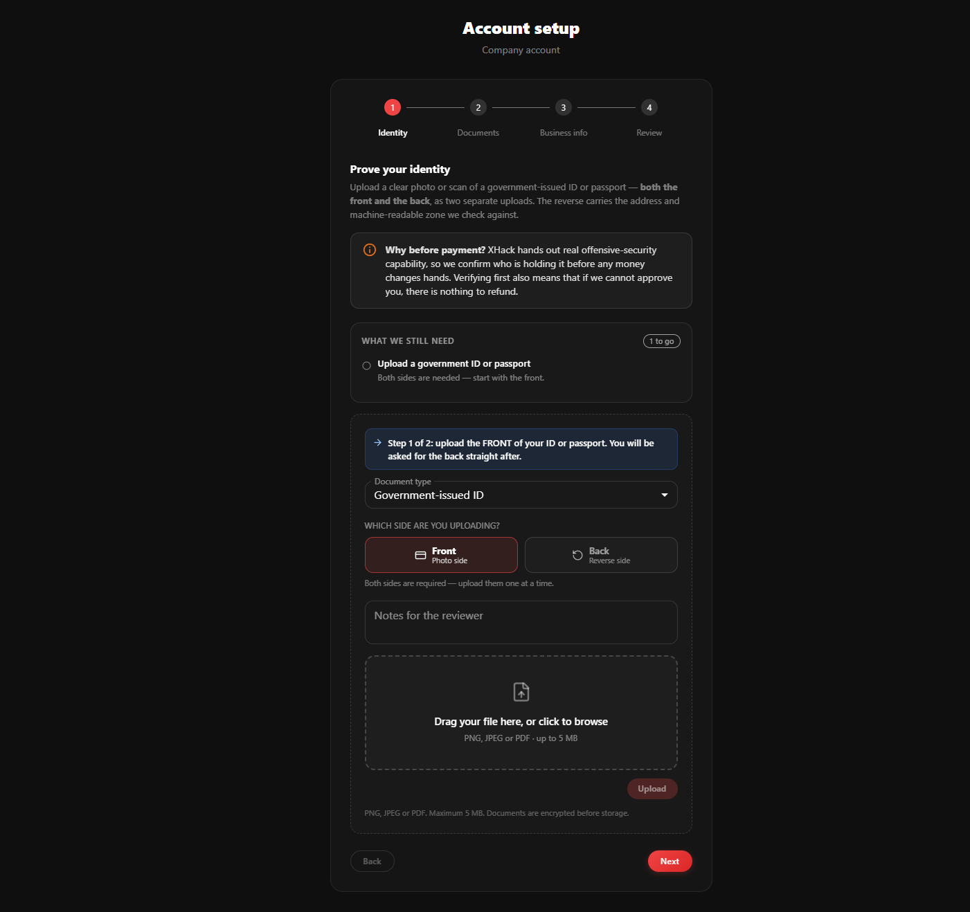 Identity step of the company verification wizard
