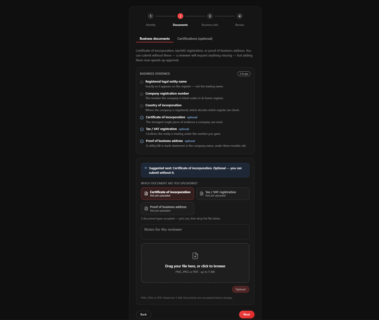 Business documents tab with the document-type buttons