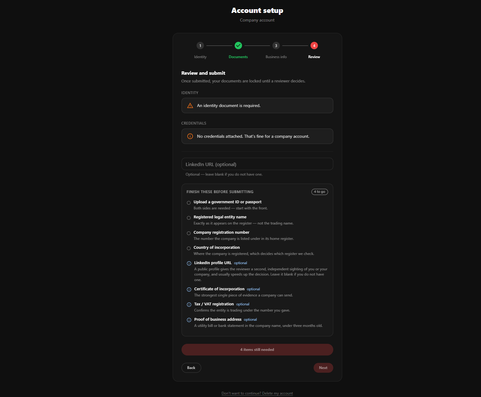 Review and submit step for a company account