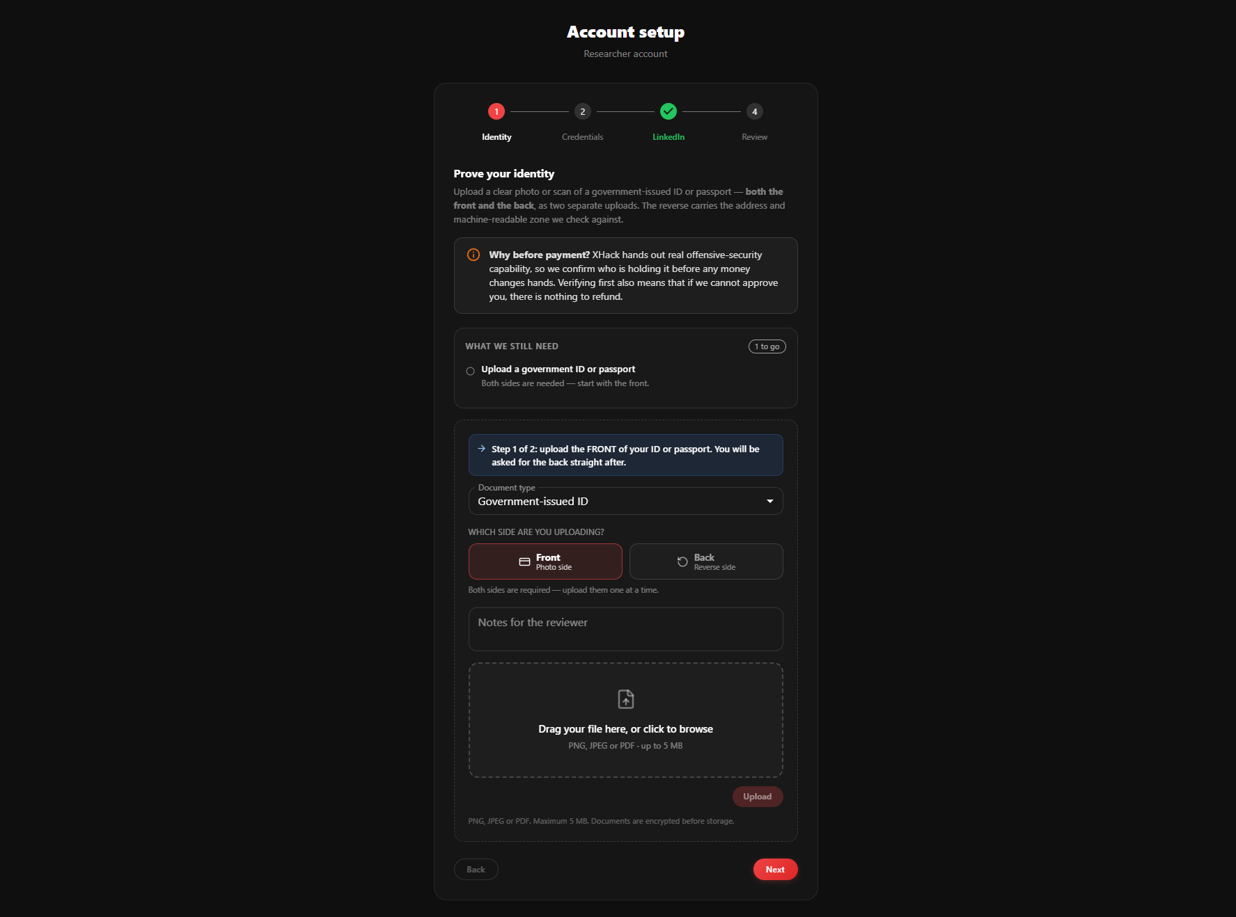 Identity step of the researcher verification wizard