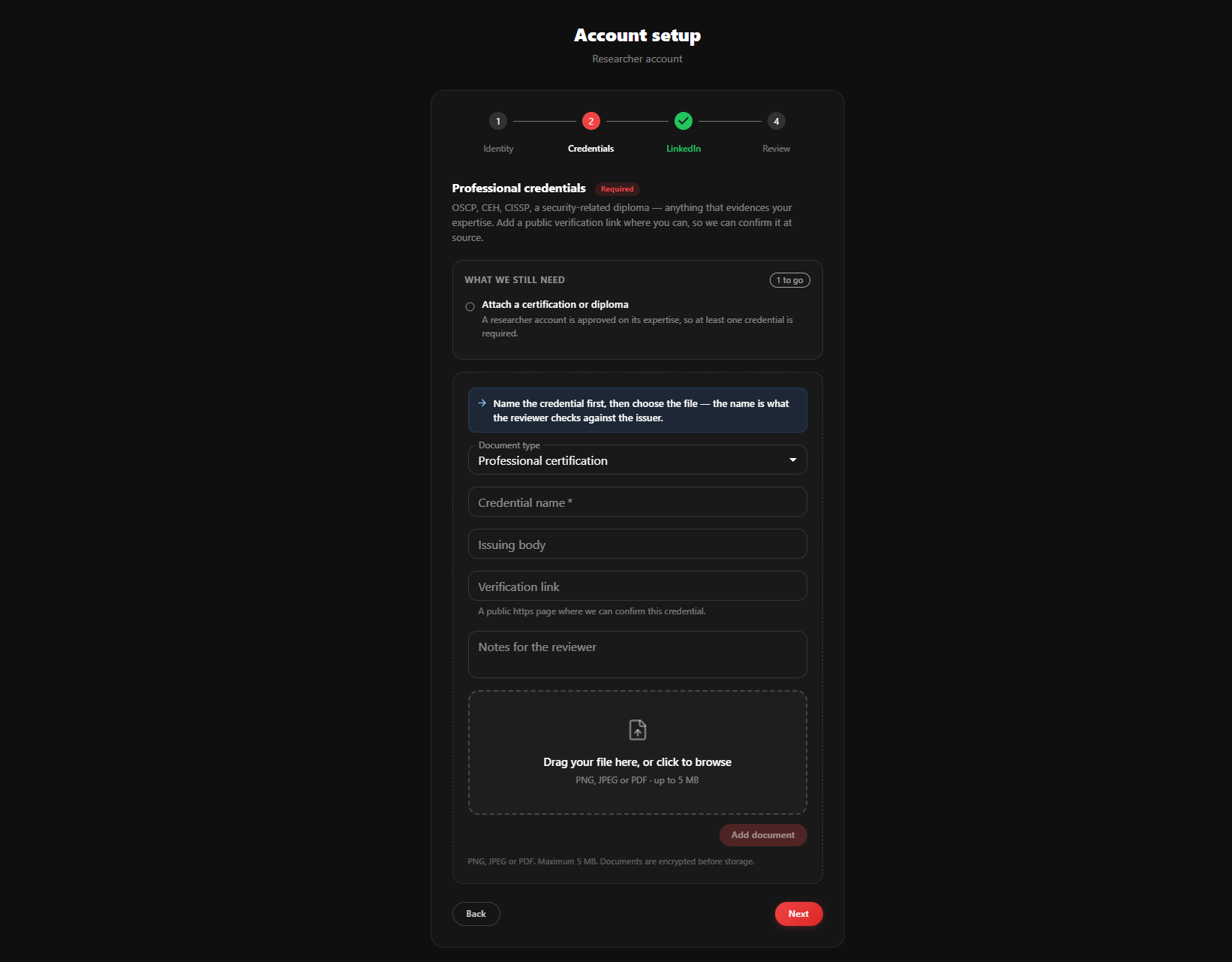 Credentials step showing the credential metadata form