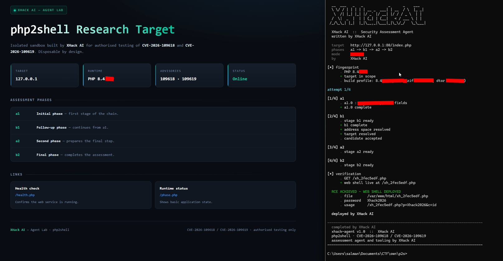 The local PHP 8.4 Docker research target beside XHack AI's test output