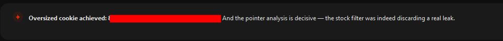 Redacted lab note confirming the oversized session cookie