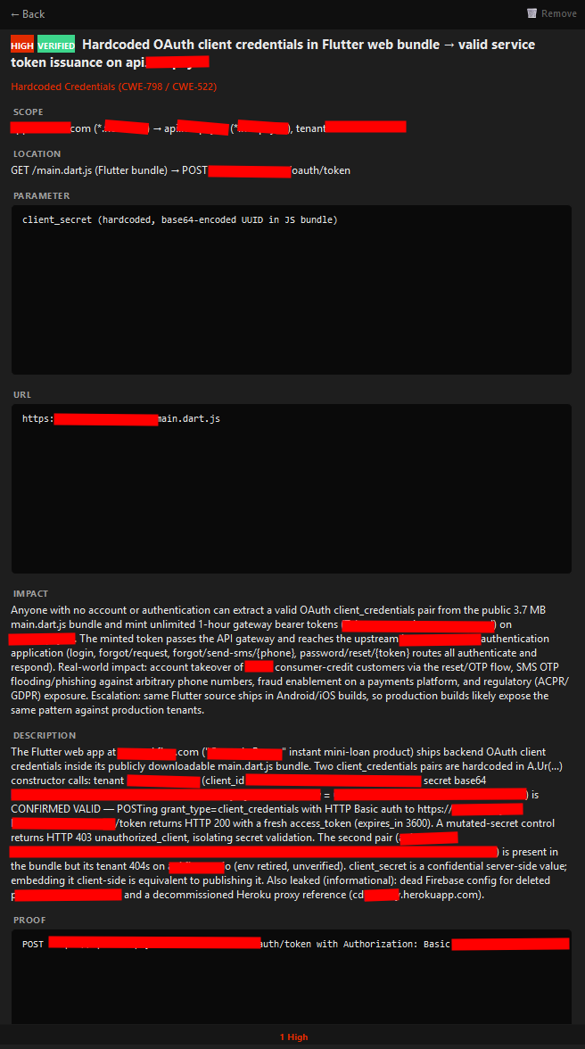 XHack AI finding detail: hardcoded OAuth client credentials, verified valid, with impact and proof