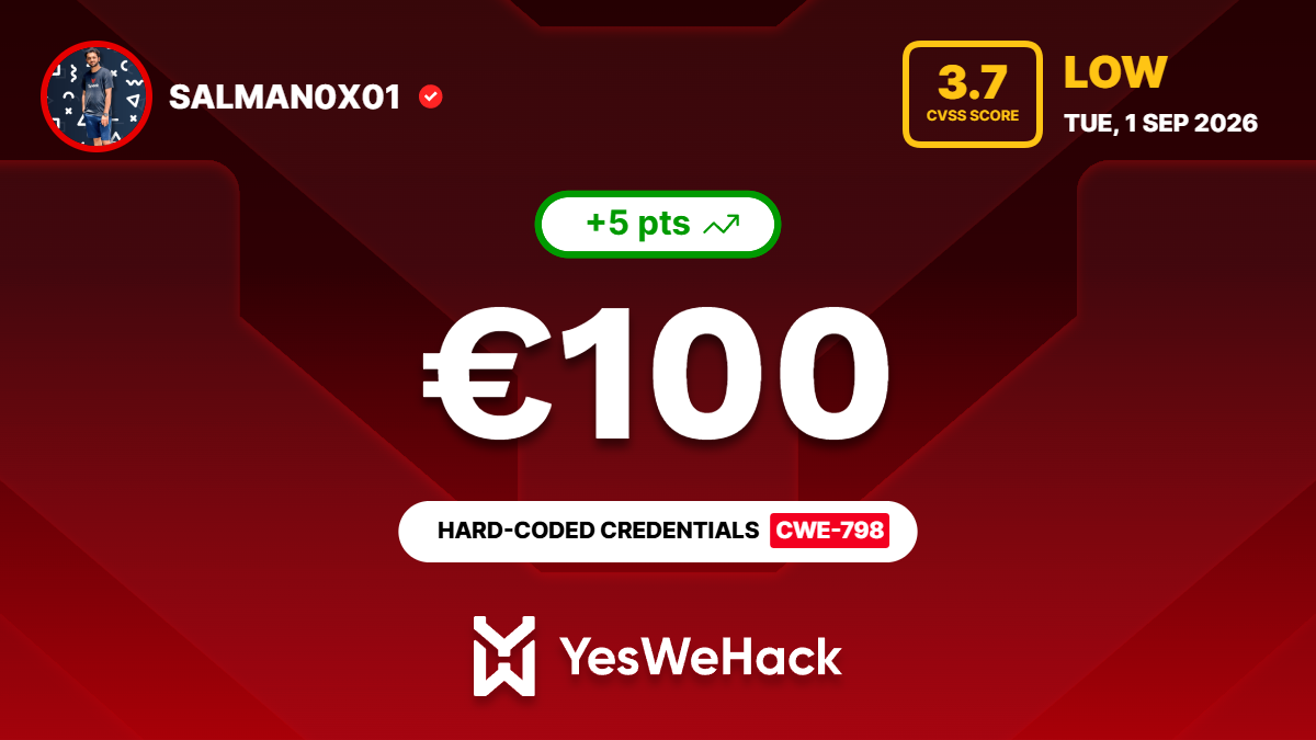 YesWeHack reward card: hard-coded credentials, CWE-798, accepted and rewarded