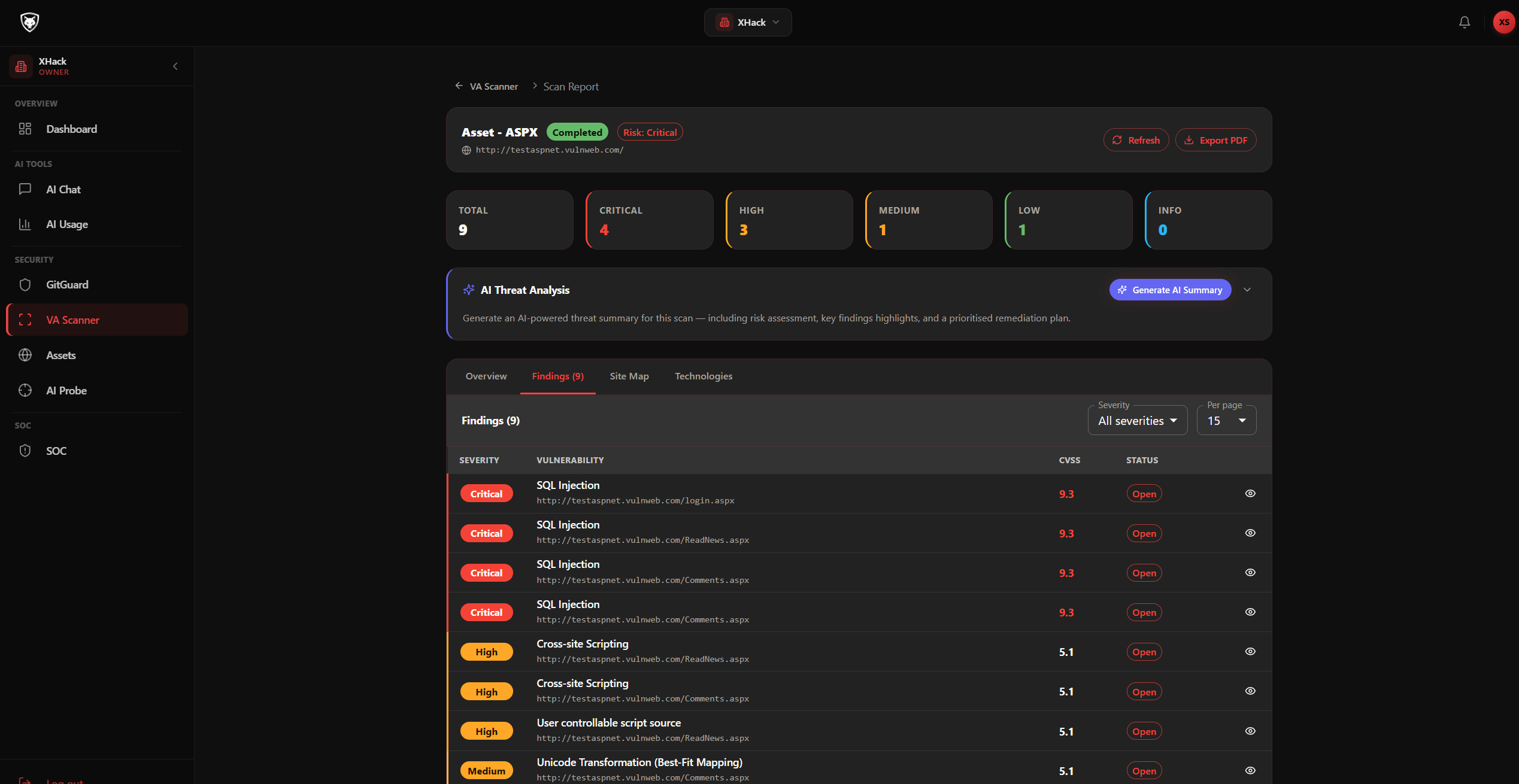 VA vulnerabilities tab