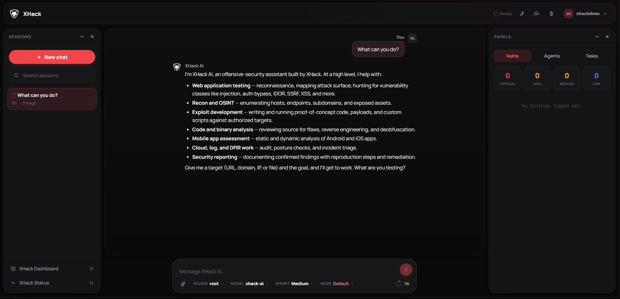 The XHack Web Console: sessions on the left, the live chat in the centre, and the vulnerabilities, agents and tasks panels on the right