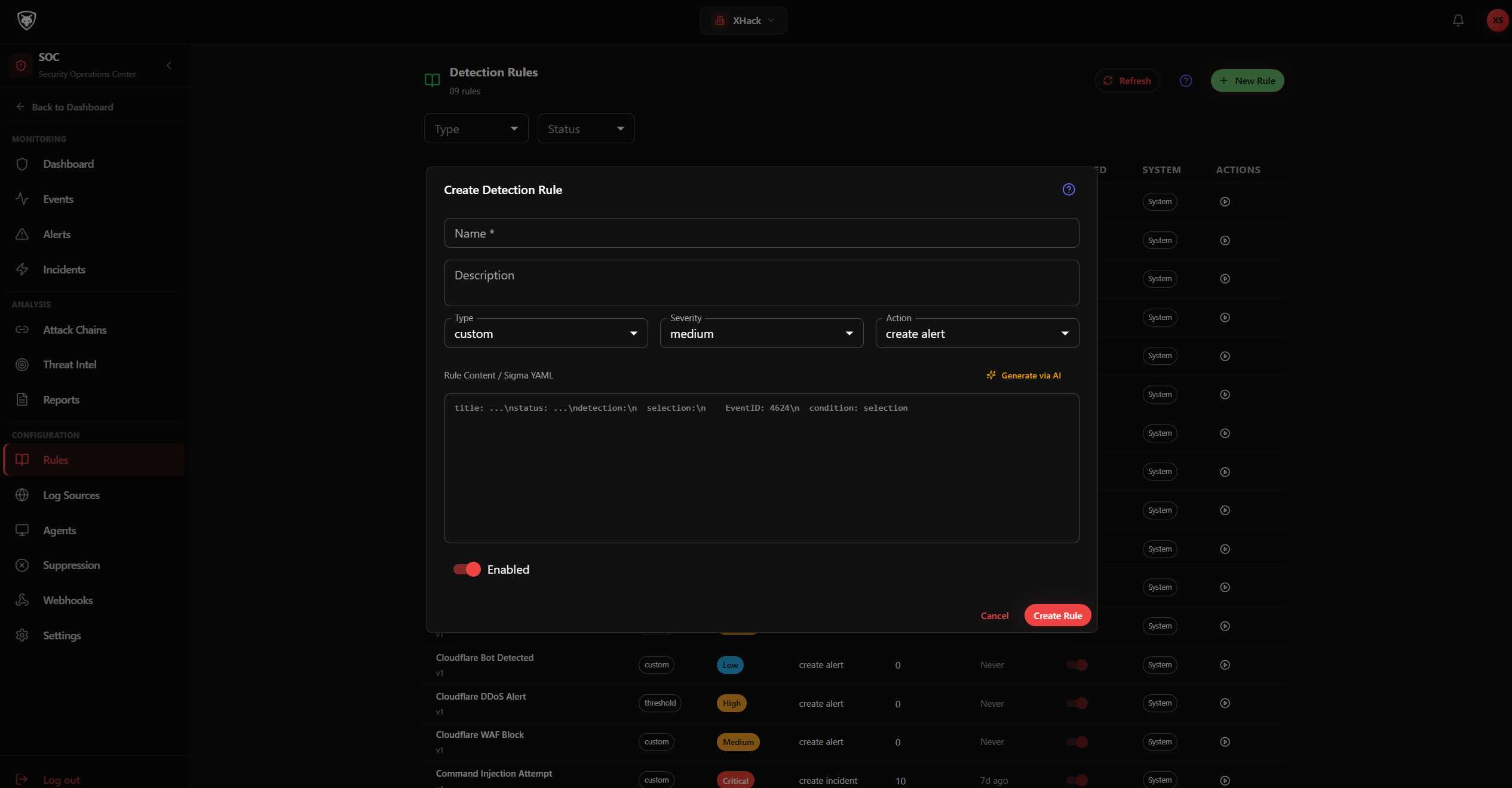 SOC Dashboard — Detection Rules