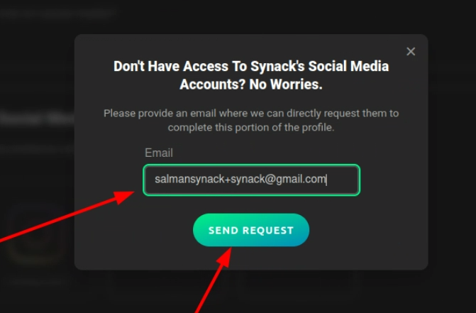 Modal asking for an email address to send a social media connection invitation, with a clean unpoisoned test email typed in