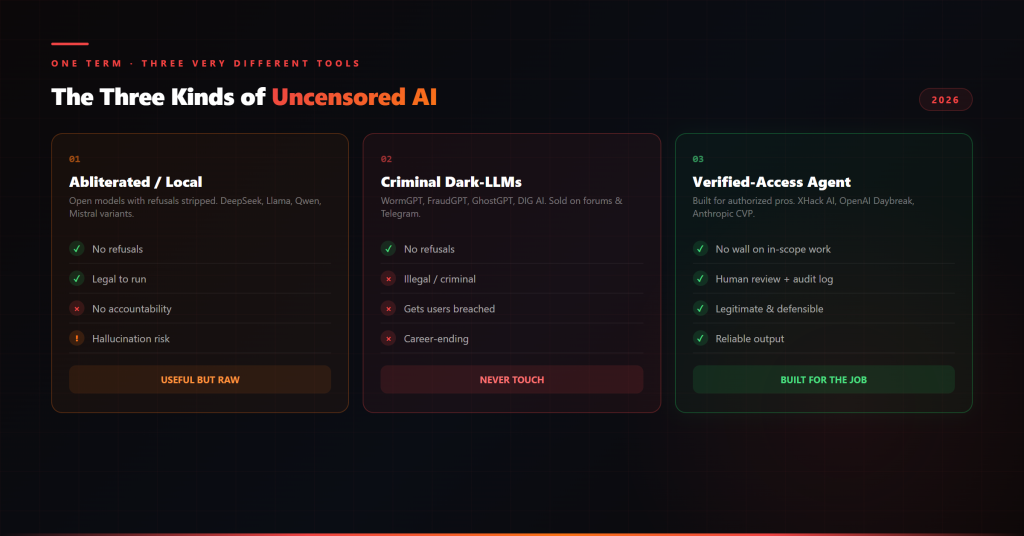 The three categories of uncensored AI for hacking, and what each one actually costs a professional Three kinds of uncensored AI for hacking compared: abliterated local models, criminal dark-LLMs, and verified-access agents