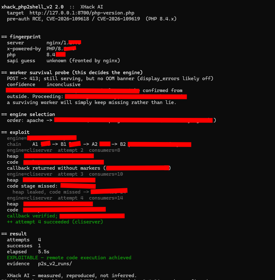 XHack AI's unified tool testing the PHP built-in server and verifying RCE on a later attempt