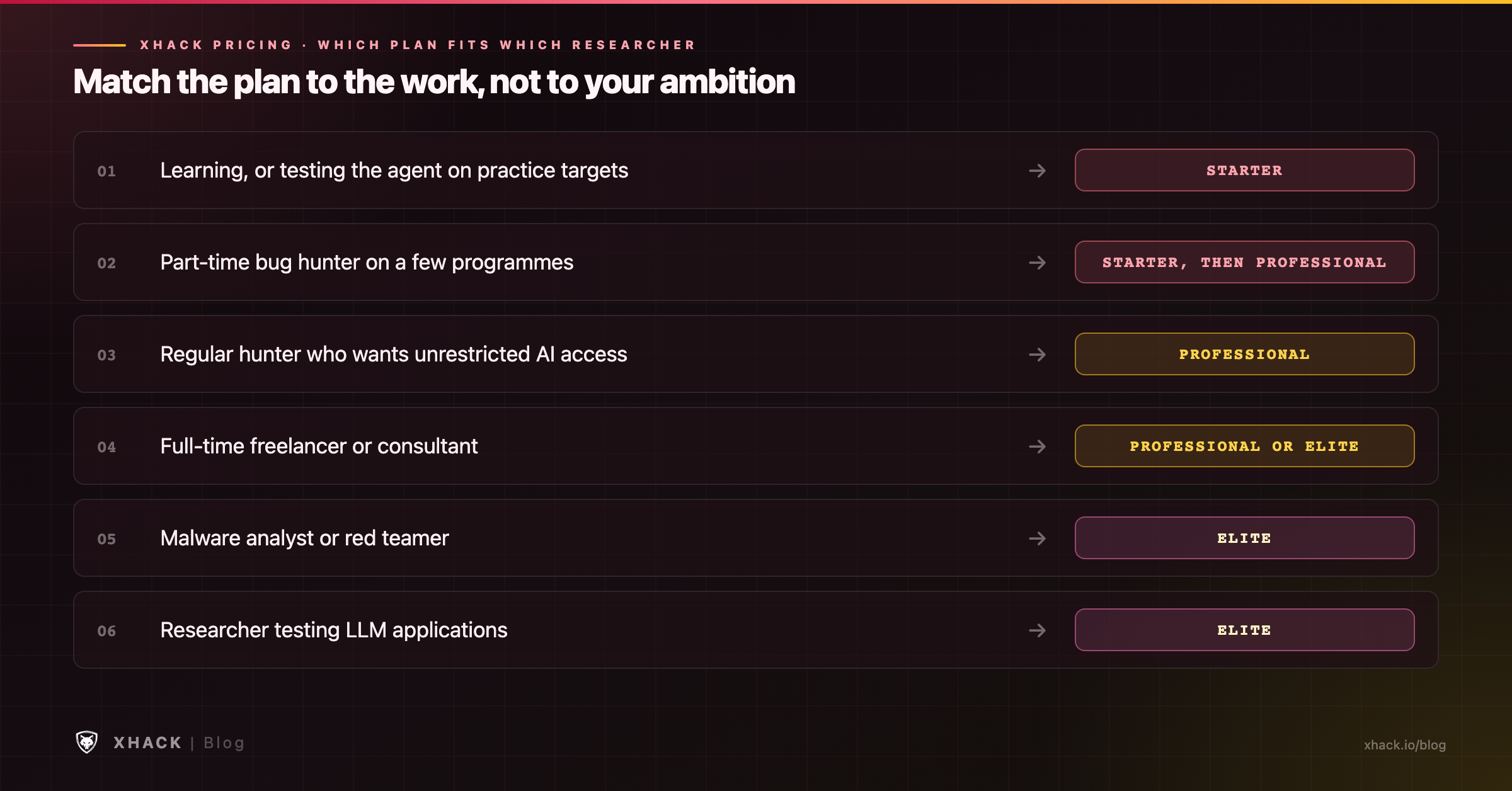 XHack pricing decision guide matching learners, bug hunters, freelancers, malware analysts and LLM testers to the plan that fits